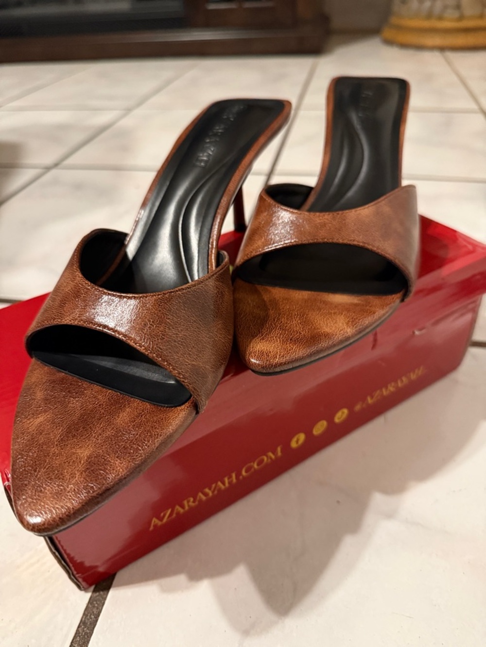 Brown Leather Slip-On Mule Heels for Women